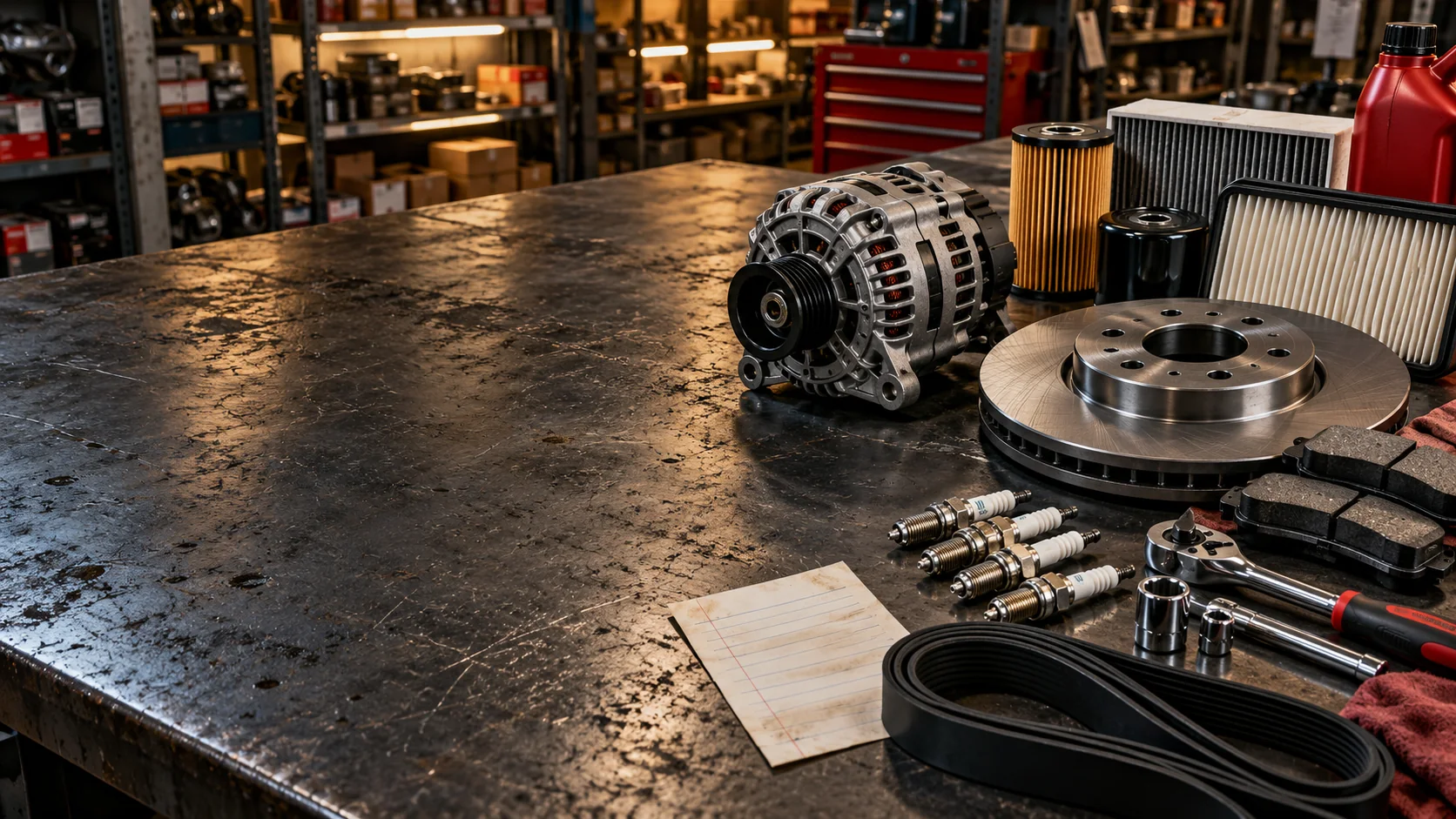 Komponen otomotif tertata di atas meja parts counter
